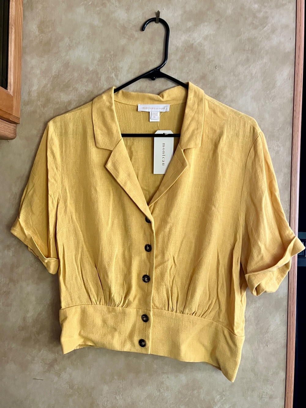 Monteau Mustard Short-Sleeve Button Down Top